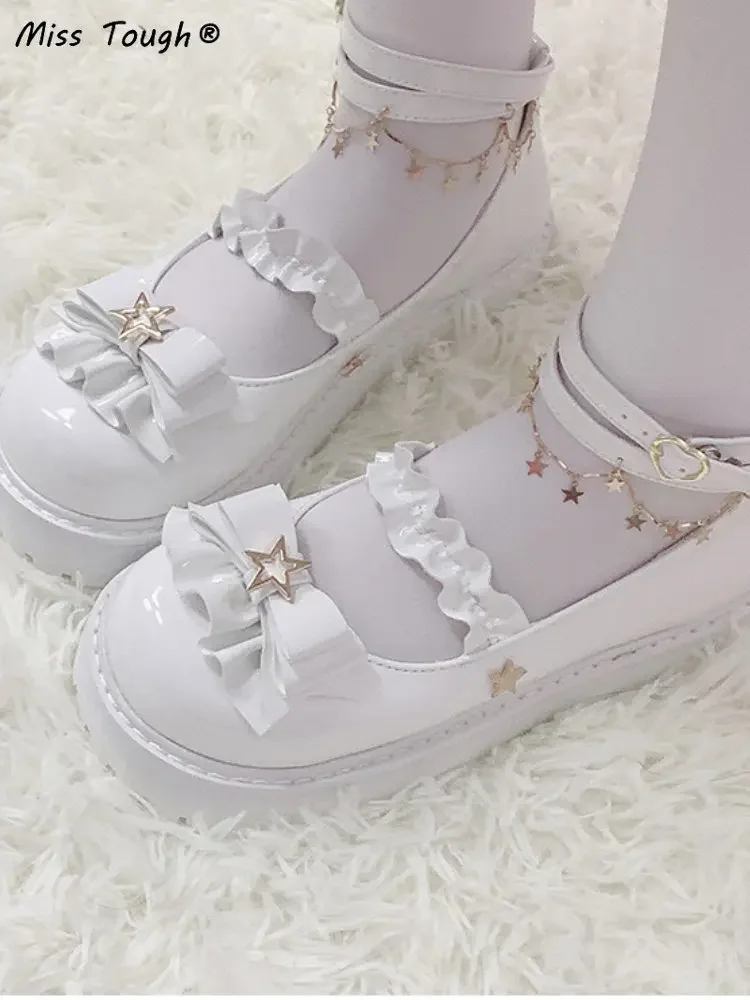 Japanese Lolita Kawaii Shoes Women Outdoor Vintage Fashion Chic Sweet Shoes Bow Mary Janes Buckle Casual Round Toe Sandals 2024