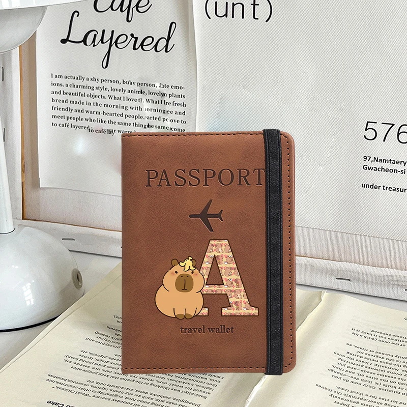 Capybara Passport Cover Letter A-Z Leather Passport Wallet Card Holder Coin Purse Cute Cartoon Portable Girls Travel Pouch Gifts