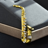 Fashion Golden Metal Saxophone Instrument Brooches For Women Men Rhinestone Brooch Pins Office Party Jewelry Accessories Gift