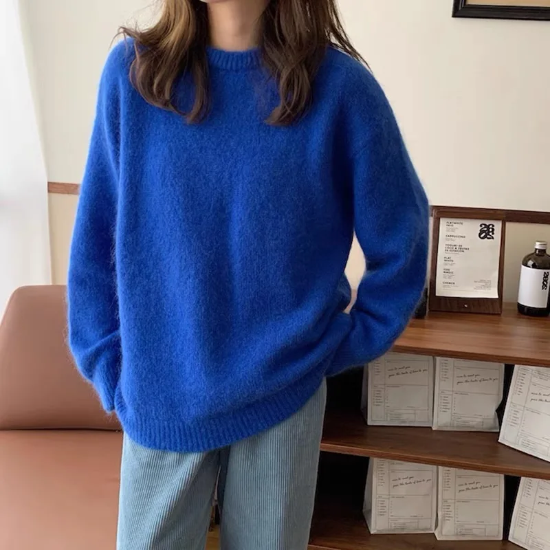 Soft Blue Mohair Knitted Loose Pullovers Autumn Winter Round Collar Thick Warm Long Sleeve Sweater For Women Casual Lazy Jumpers