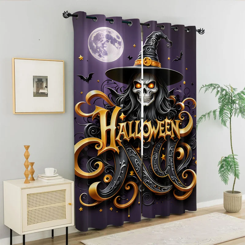 Happy Halloween Print Curtain Cozy Castle Pumpkin Skeleton Spider Window Drapes Fashion Curtains Bedroom Home Decor Holiday Gift