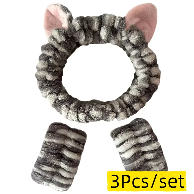 

Милая плюшевая повязка на голову с кошачьими ушками и леопардовым принтом для женщин и девочек, повязка на голову для спа для мытья лица и макияжа, 3 шт./компл., эластичный ремешок на запястье ﻿