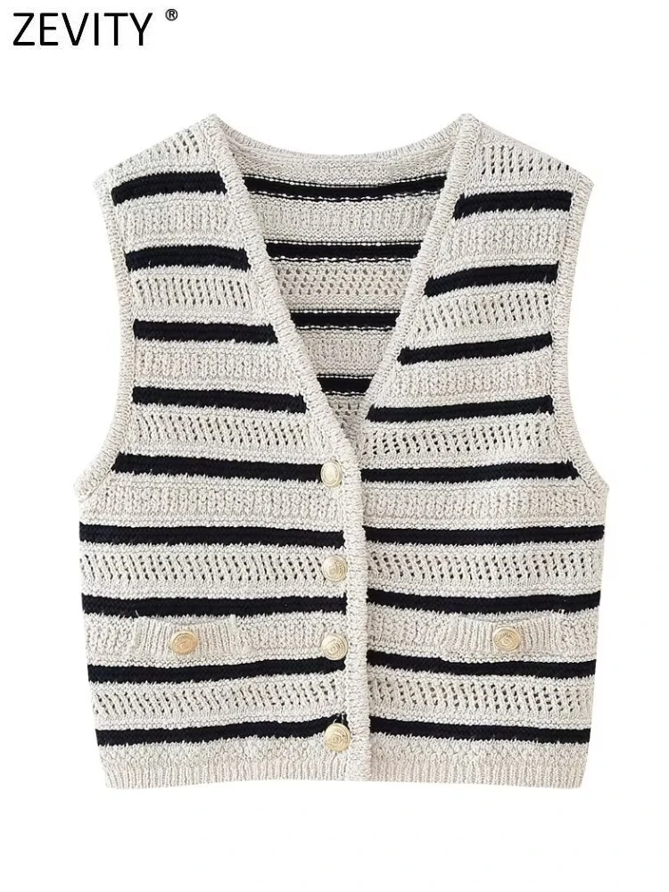 Zevity New 2024 Women Fashion V Neck Sleeveless Hollow Out Striped Knitted Vest Sweater Female Chic Buttons Cardigan Tops SW6171