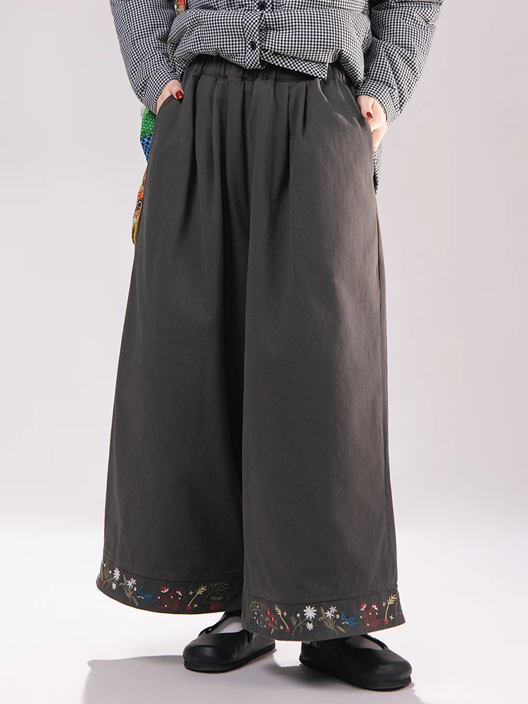 

Свободные хлопковые широкие брюки с вышивкой в стиле ретро, зимние повседневные брюки с высокой талией для женщин, художественные брюки