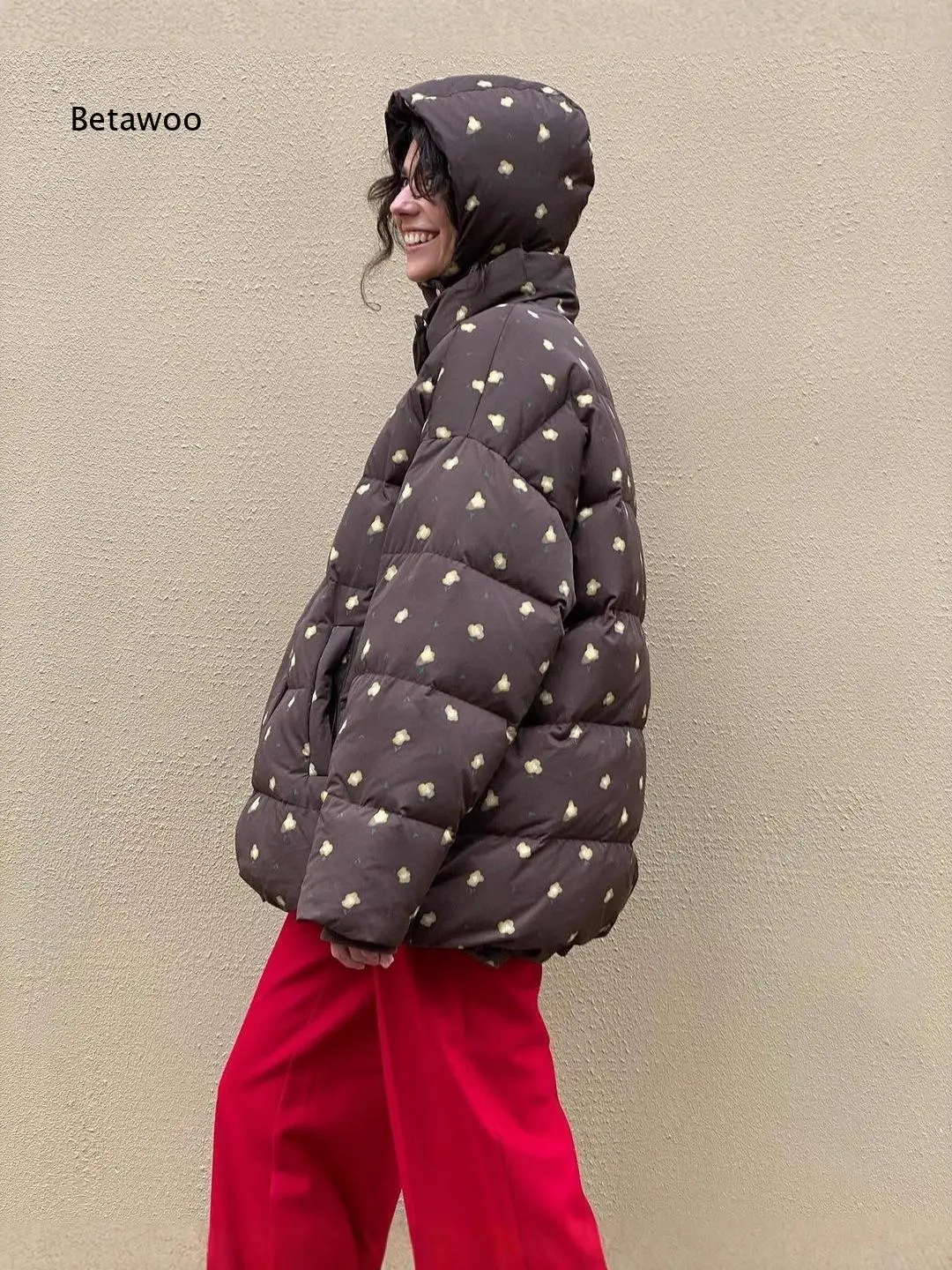 Women Winter College Style Small Floral Cute Warm Padded Coat Hooded Outerwear Suitable For Cold Weather Daily Travel And Outdo