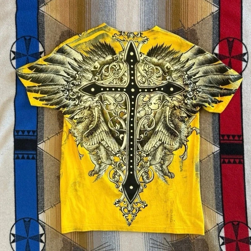 NEW Gothic Metal Wings 3D Cross Embossed Print Yellow T Shirt Series Men Women Oversized Tee Goth Punk Streetwear Casual Top