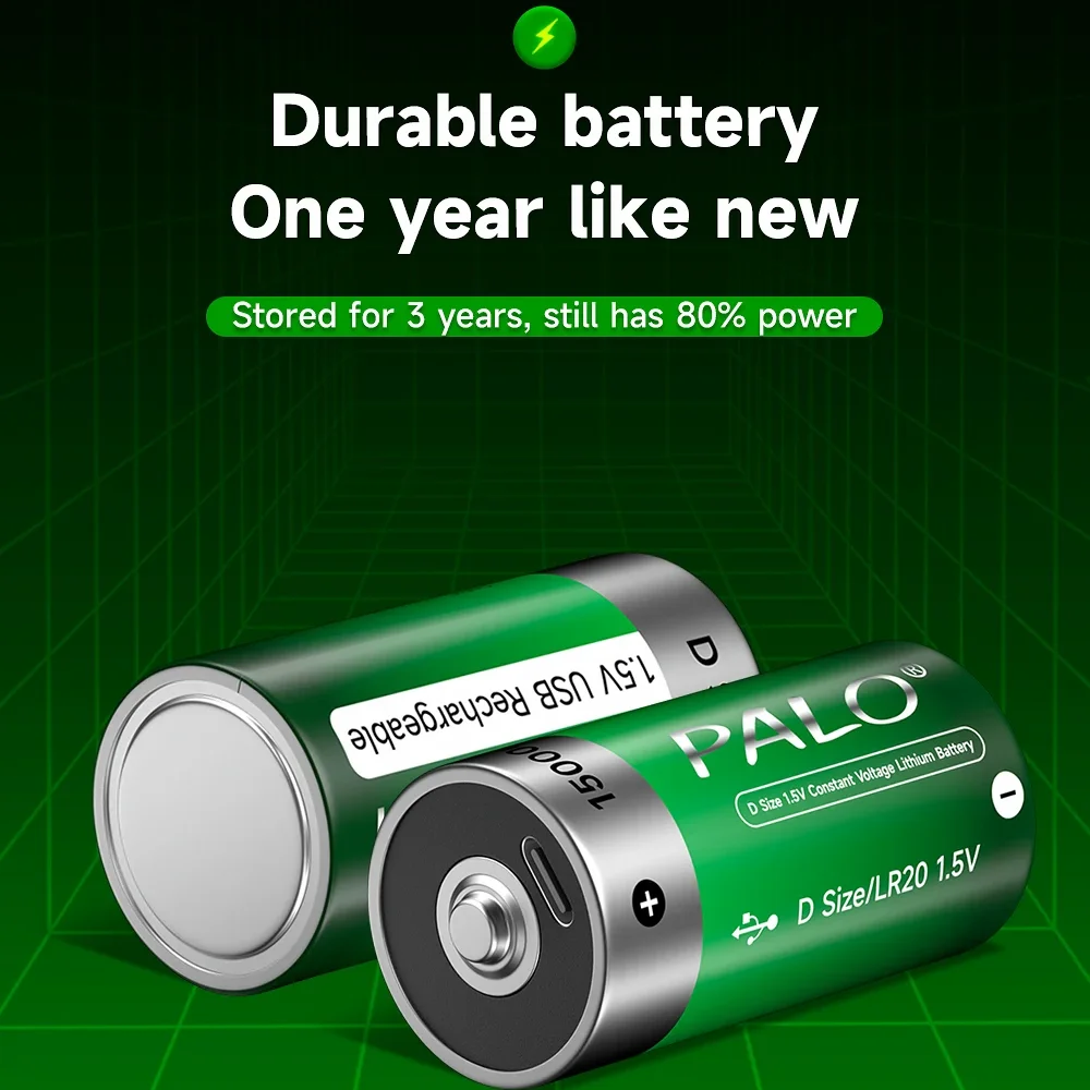 1.5V USB LR20 Battery Rechargeable R20 15000mWh D Size Type Batteries + Type-C Cable for Gas Appliances Liquefied Cooker Li-ion