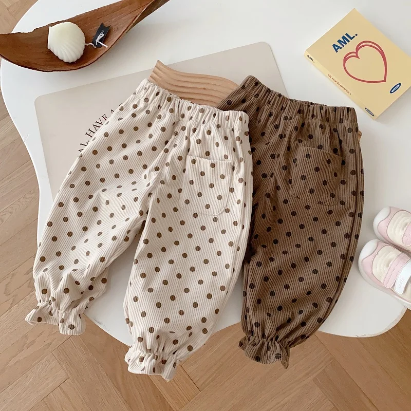 

2023 Autumn Kids Baby Corduroy Pant 0-5Years Children Boy Girl Elastic Waist Polka Dot Pocket Jogger Trousers Casual Clothes