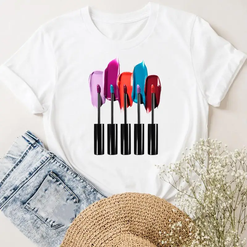 Damskie koszulki z krótkim rękawem Nail Art paznokieć moda damska w stylu Casual, letnia odzież trójnik żeński T-shirt z grafiką