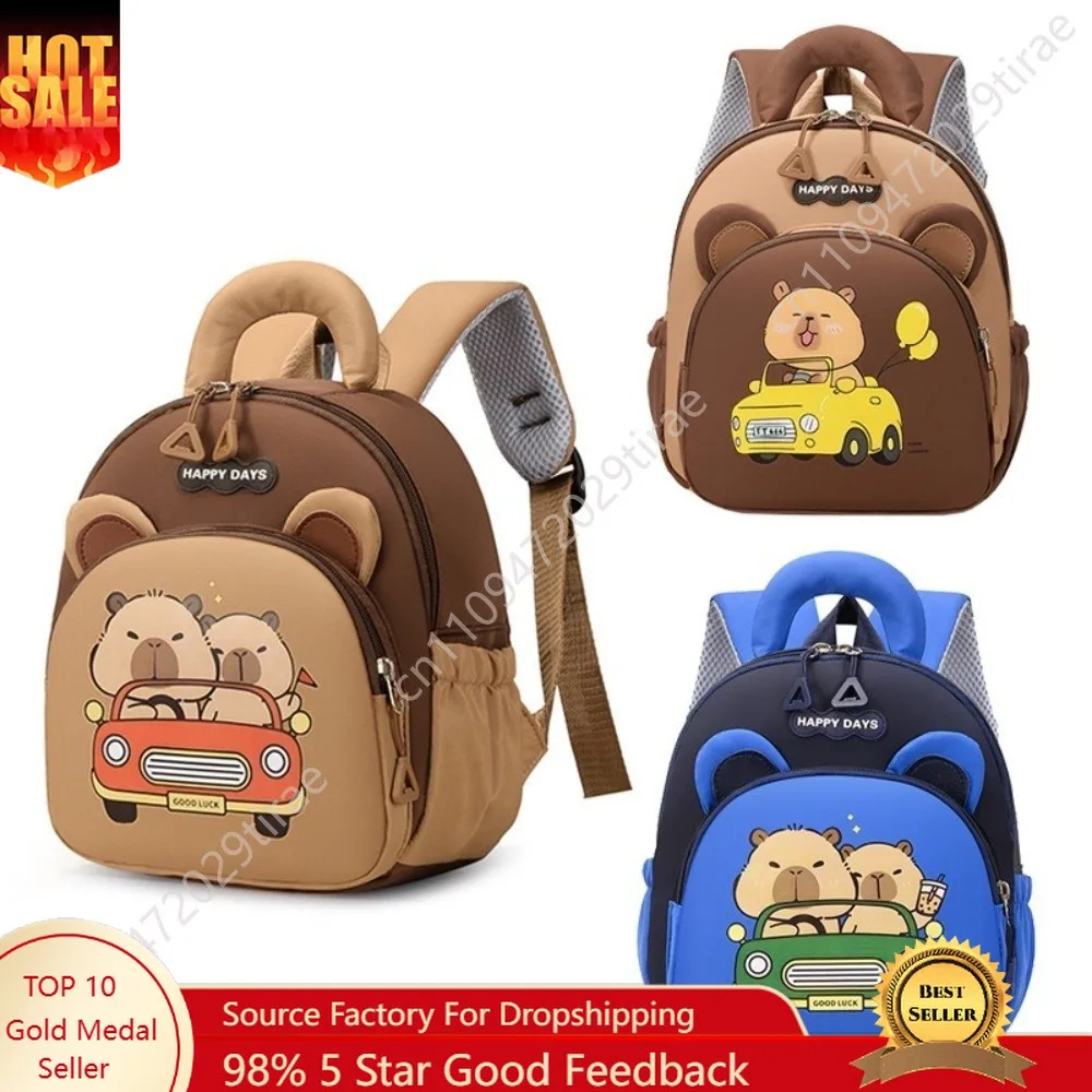 Cartoon Capybara Backpack Nylon Lightweight Capybara School Bag Multi-pocket Large Capacity Kindergarten Backpack Kids' Bags