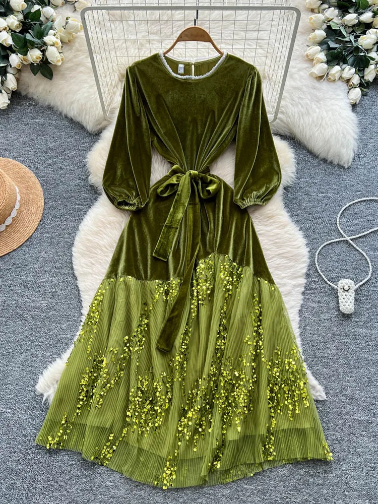   Abito lungo in velluto con paillettes Me Wrap Vita lunga Sve rotondo Ne per donna Ricamo pesante A-Line Estate Ci Pendolarismo Dr