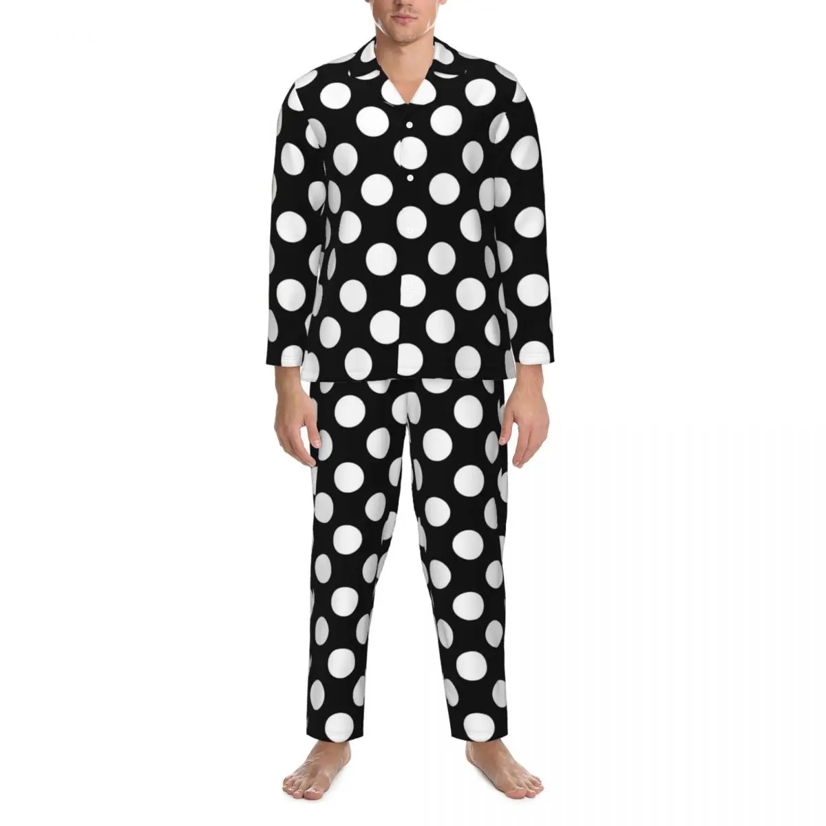 White Polka Dots Print Pajama Sets Autumn Trendy Night Sleepwear Men Two Piece Vintage Oversized Home Suit Birthday Present