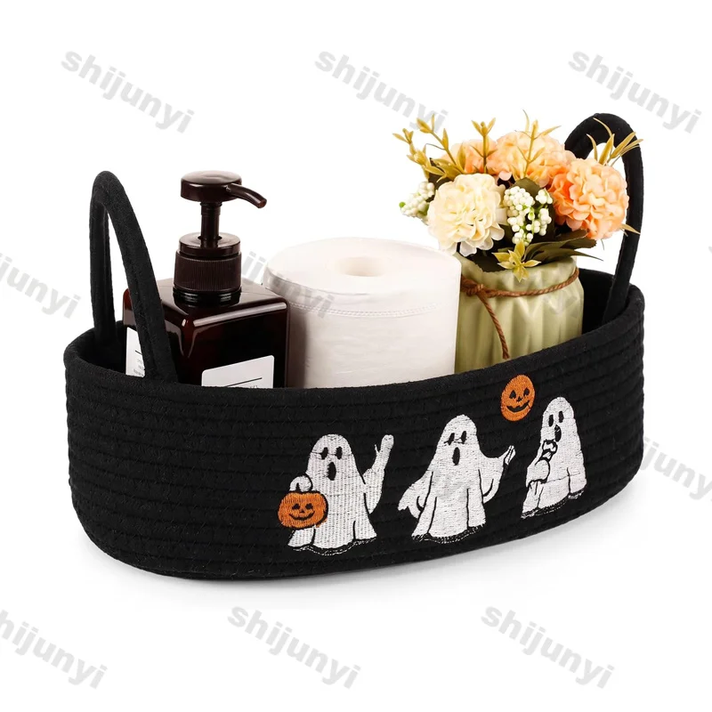 Halloween Ghost Storage Basket Halloween Bathroom Decor Black Ghost Pumpkin Embroidery for Home Toilet Tank Top Countertop Bag