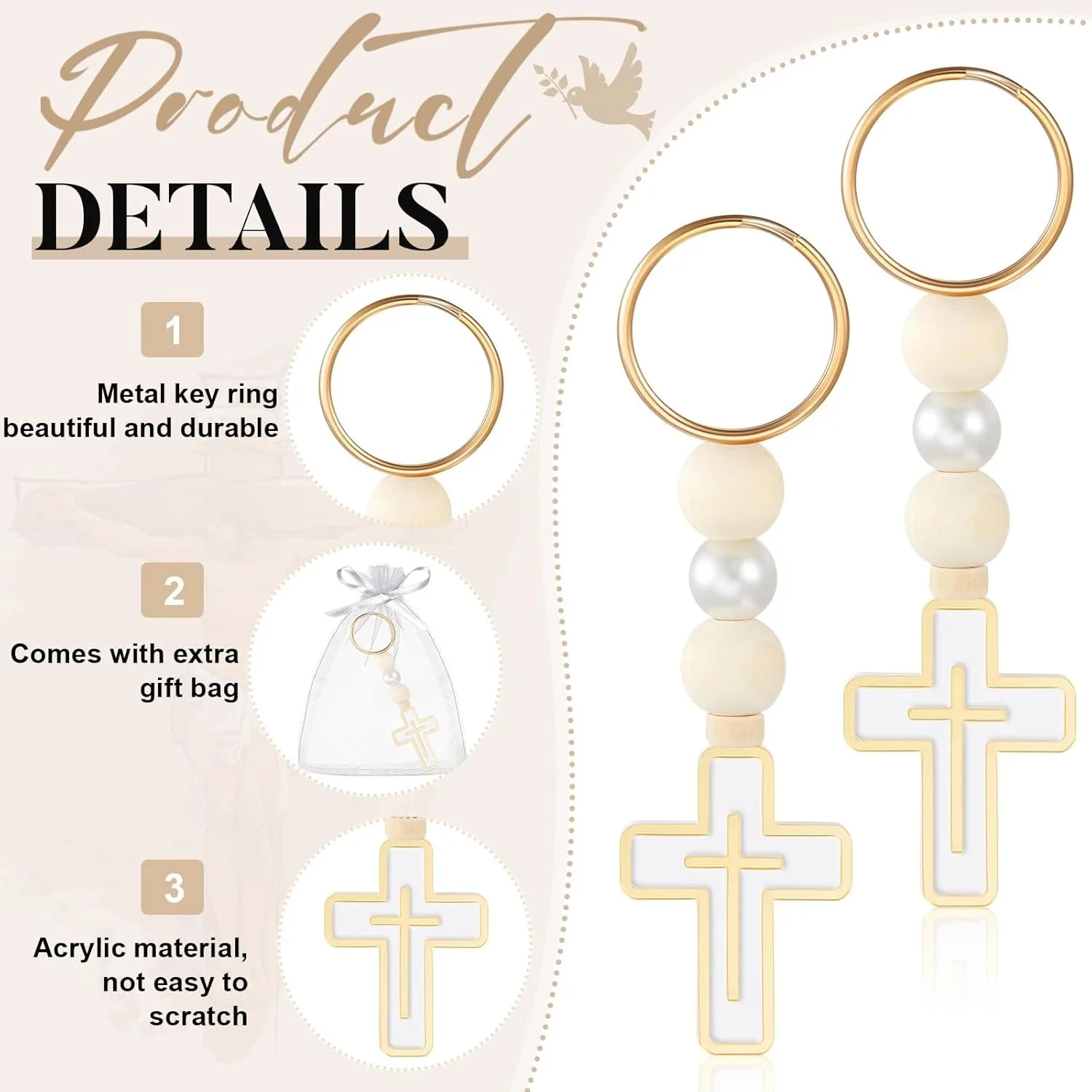 10/20Pcs First Holy Communion Favors Rosary Beads with Cross Crucifix Keychain with White Organza Bag Baptism Favors view 2