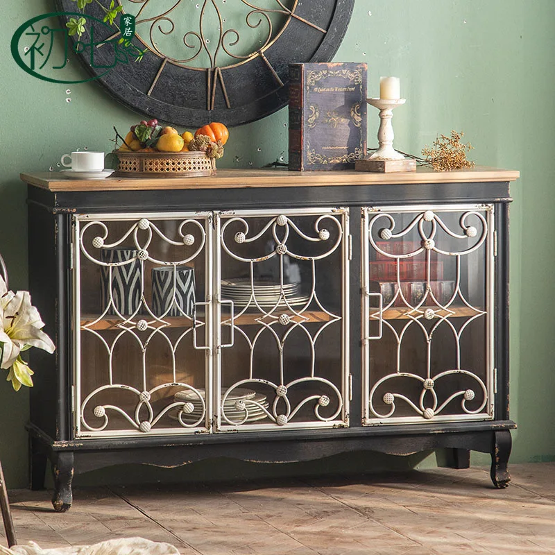 French retro glass dust-proof sideboard dining room bowls with multi-layer storage cabinets enter the door wrought iron porch sh