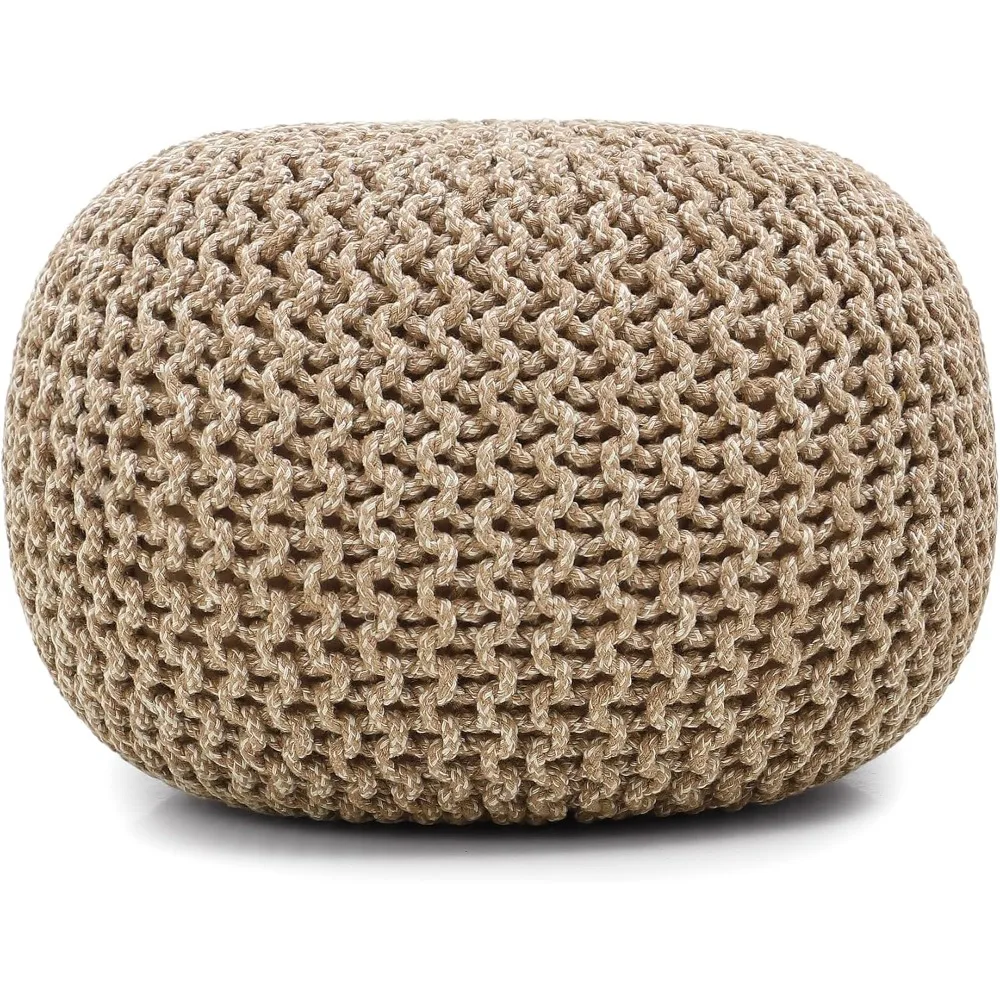 Round Pouf Ottoman - Hand Knitted Cable Boho Poof Home Décor Pouffe Circular Footrest for Living Room