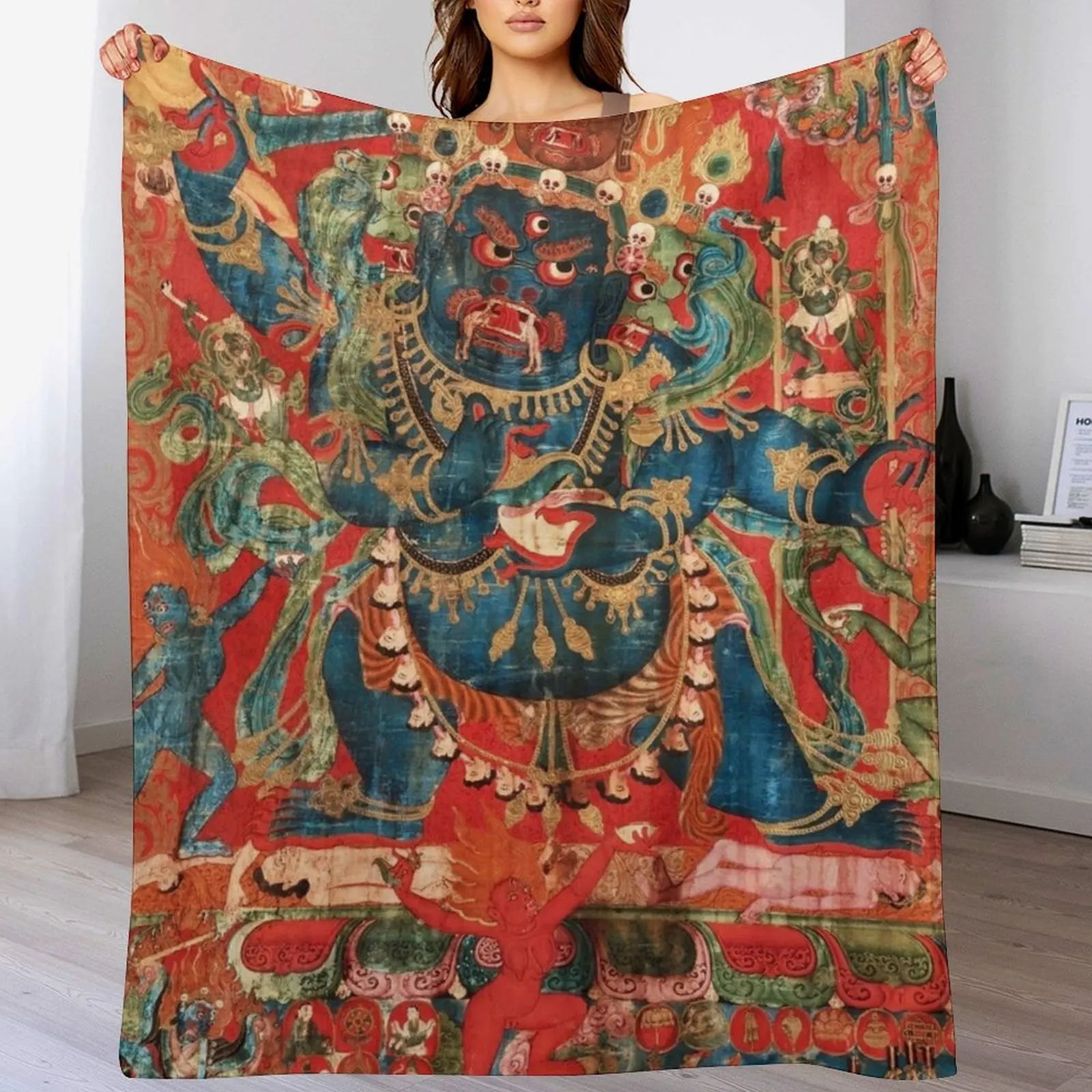 Mandala 143 Mahakala Chaturmukha Four Faced Throw Blanket Cute Plaid Shaggy manga blankets and throws Blankets