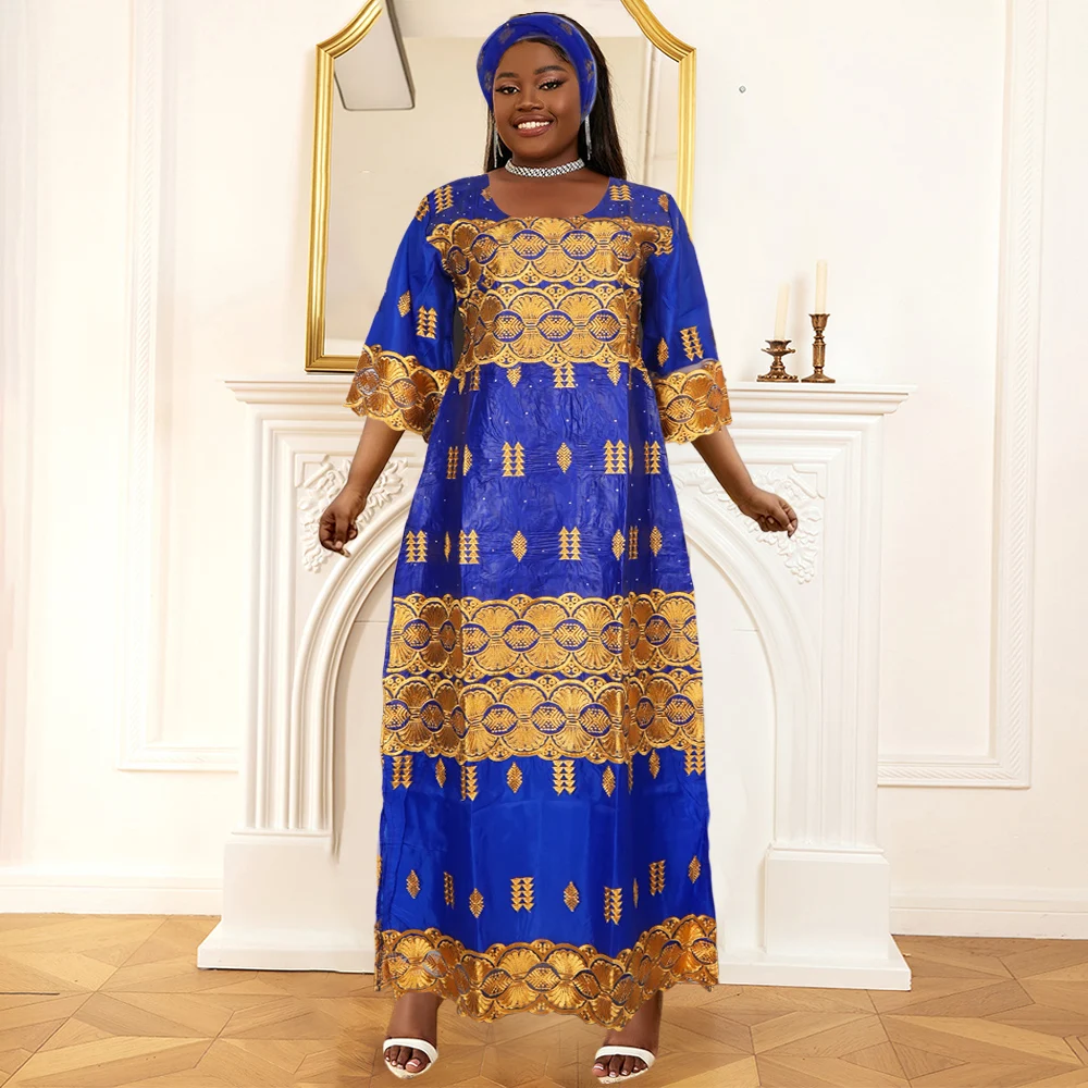 H&D African Clothing tradition Dresses For Women Wedding Party Gown Ankara Dashiki Long Dress Roupas Bazin Riche Blue Robes