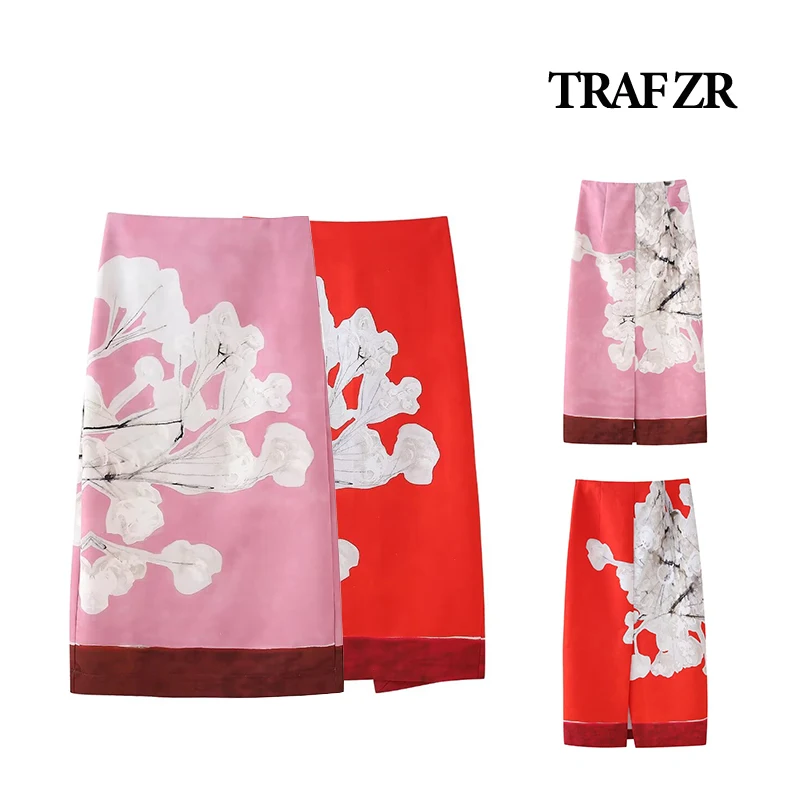 

TRAF ZR Floral Printed Skirts Midi wemon Skirt mid-Rise back slit Elegant Summer Outfit 2024 Pink or Red