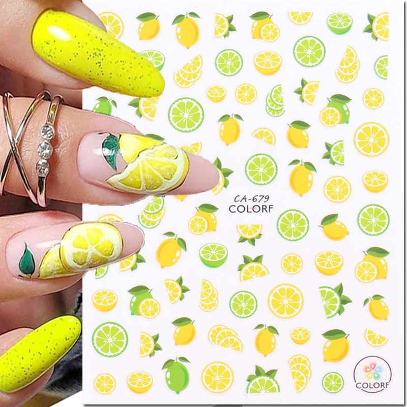 3D Nail Art Stickers Zomer Tropische Vruchten Gele Citroenen Letters Zelfklevende Sliders Decals Versierd Nagelmanicure