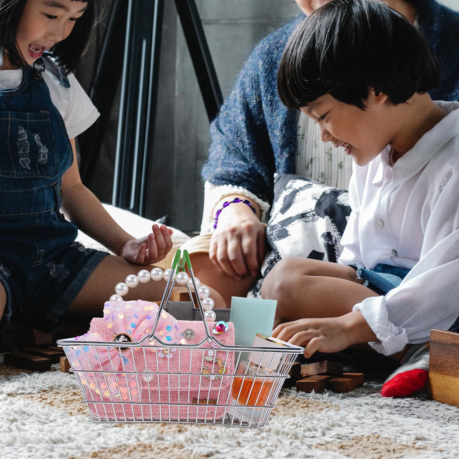 

Mini Shopping Basket Iron Kids Portable Realistic Grocery Cart Toys Games Storage Baskets Shelves Pretend Play