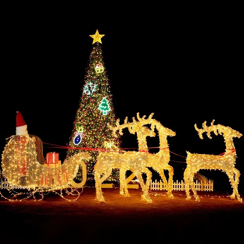 L13- Christmas luminous elk pull car wroug iron Santa decoration large ornaments sleigh car decoration scene arrangement