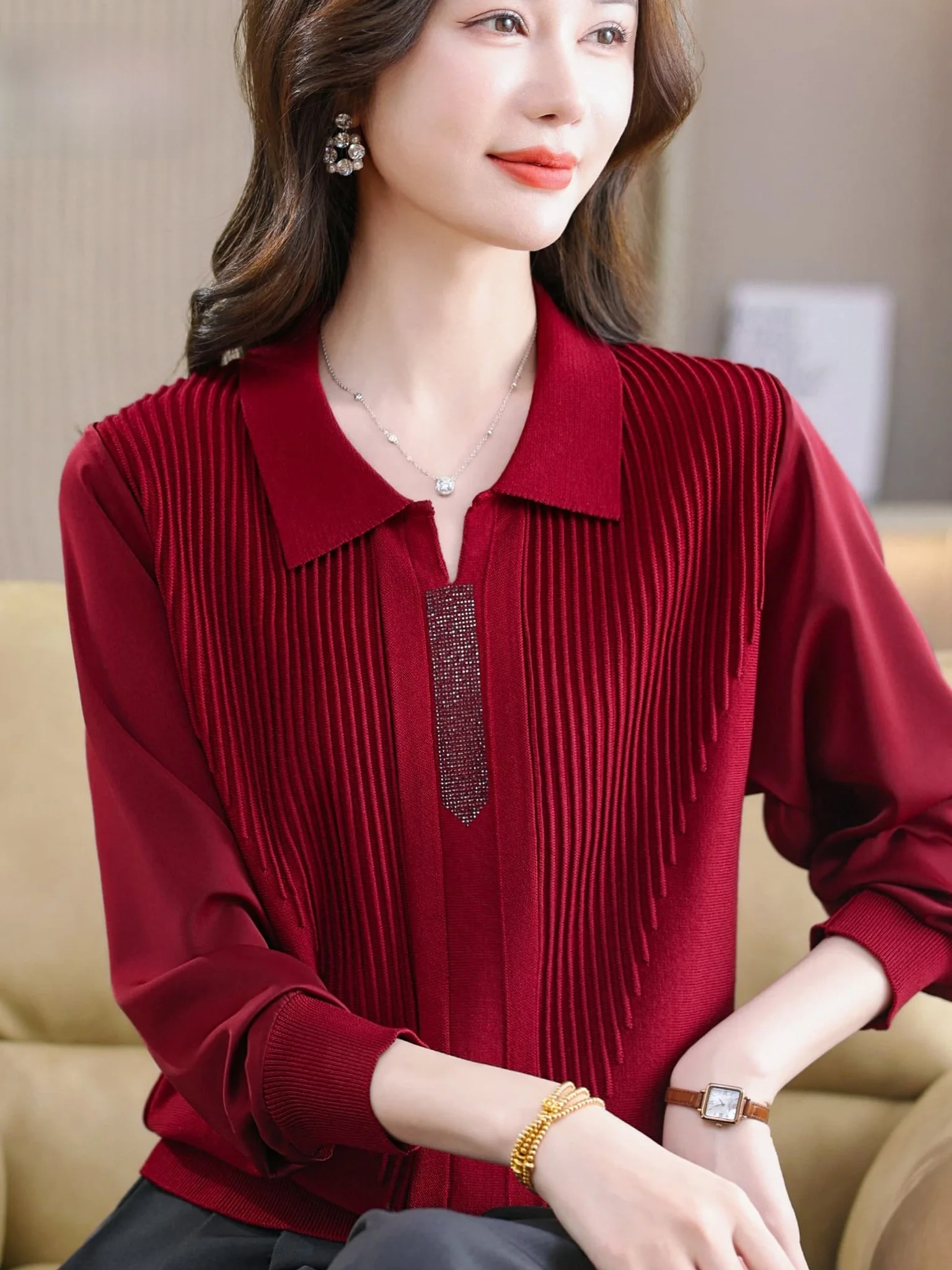 

Spring Faion Casual Knitted Base irt Women's Chiffon Pleated Loose Fit Collared Top Ele Mom Sle Lightweight