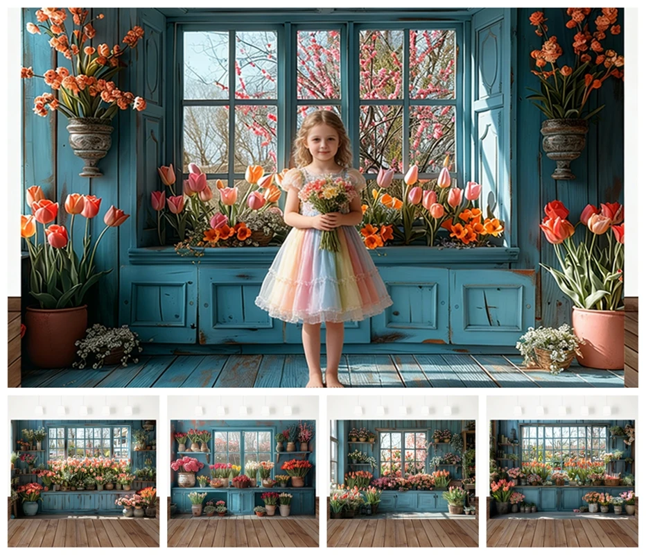 

Spring Pastoral Floral Backdrop Retro Blue Door Window Sill Tulip Decoration Kid Photo Background Wall Portrait Photography Prop