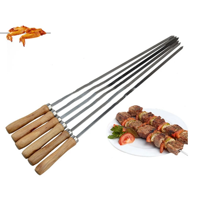 Kebab BBQ Stainless Steel Skewers With Wooden Handles Flat Reusable Metal Skewer Sticks With Storage Pouch 6Pcs