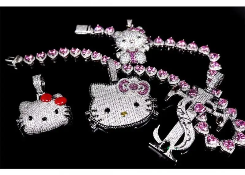 Hello Kitty Full Diamond Pendant Light Luxury Necklace Niche Design Collarbone Chain Couple Cuban Chain Gifts Shiny Decoration