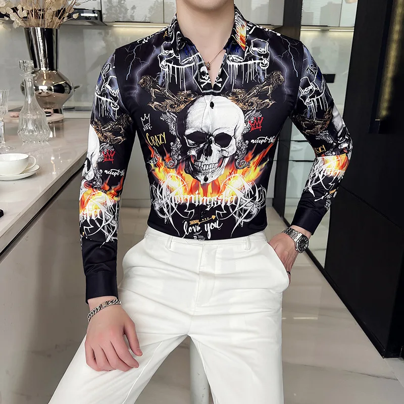 Men Vintage Slim Fit Long Sleeve Shirt Spring New Flame Skeleton Print White Shirts Business Casual Blusas Camisa Masculina 6XL