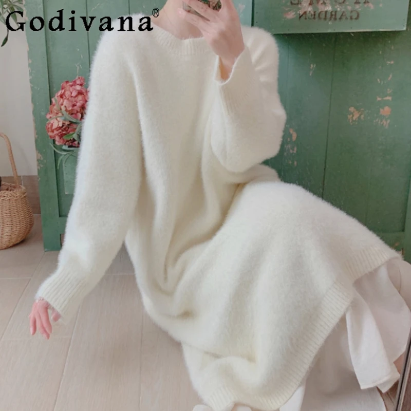 

Women Autumn Winter White Thickened Medium Long Imitation Mink Dress Fashion Versatile Loose Simple Age-reducing Knitted Dresses