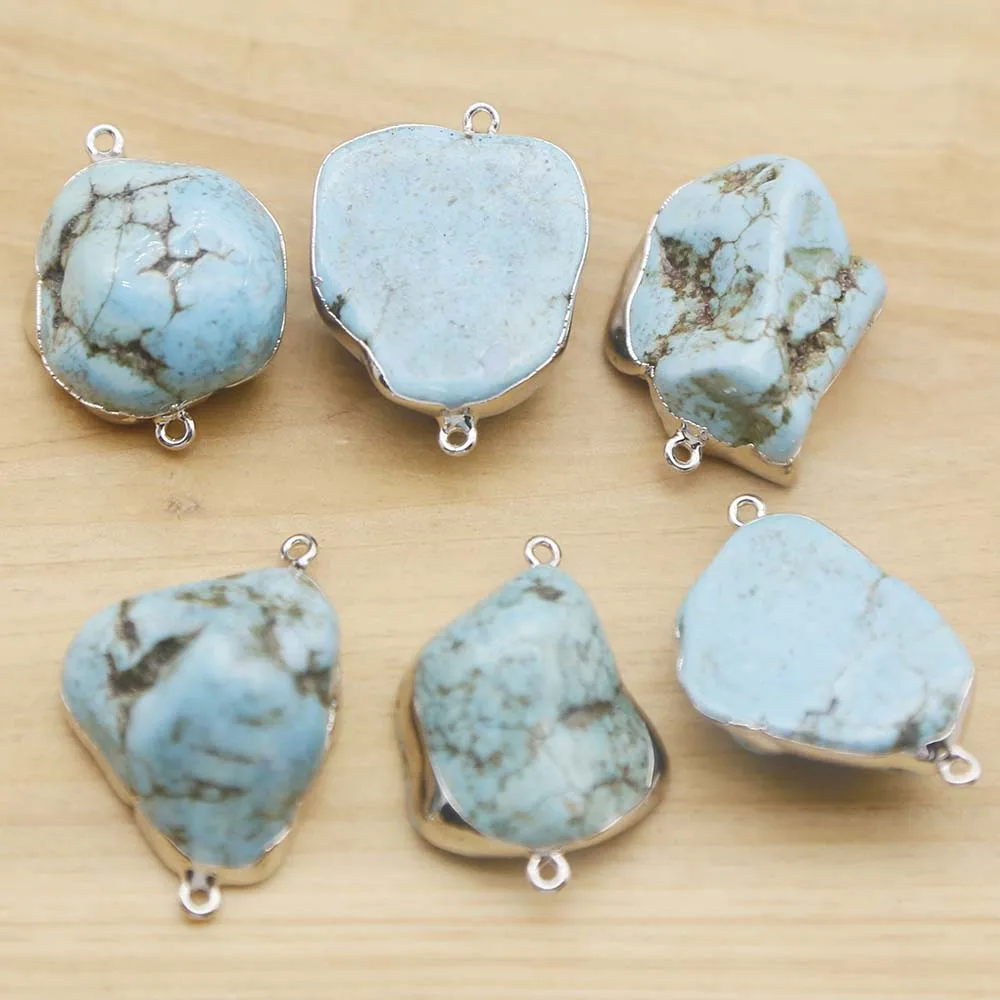 Natural Double Head Unshaped Pendants White Turquoise Optimised Blue Turquoise Hand Pressed Silver Edged Bracelet Connector10PCS