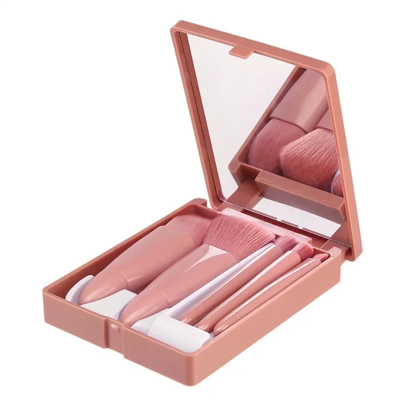 Portable Travel Set of 5 Makeup Brushes with Mirror Mini Multi-functional Powder Brush Foundation Brush and Eye Shadow Brush