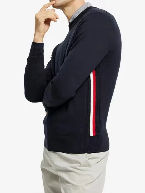 

Мужской однотонный хлопковый трикотажный пуловер с круглым вырезом, в полоску, красно-бело-синий, повседневный, деловой, зимний