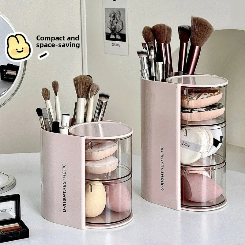 Large Capacity Rotating Dustproof Makeup Sponge Storage Box Vanity Desk Beauty Egg Air Cushion Holder Lipstick Cosmetic Brush