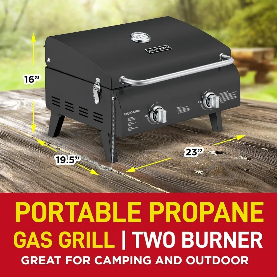 شواية غاز محمولة سوداء مزدوجة 10000 وحدة حرارية بريطانية 275 مربع في مساحة الطبخ، غطاء إشعال مقاوم للرياح مع حرارية مدمجة #2