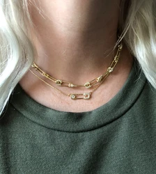 Micro Pave Clear Cz Safety Pin Link Chain Choker Necklace for Women Vintage Unique Jewelry 32+8cm