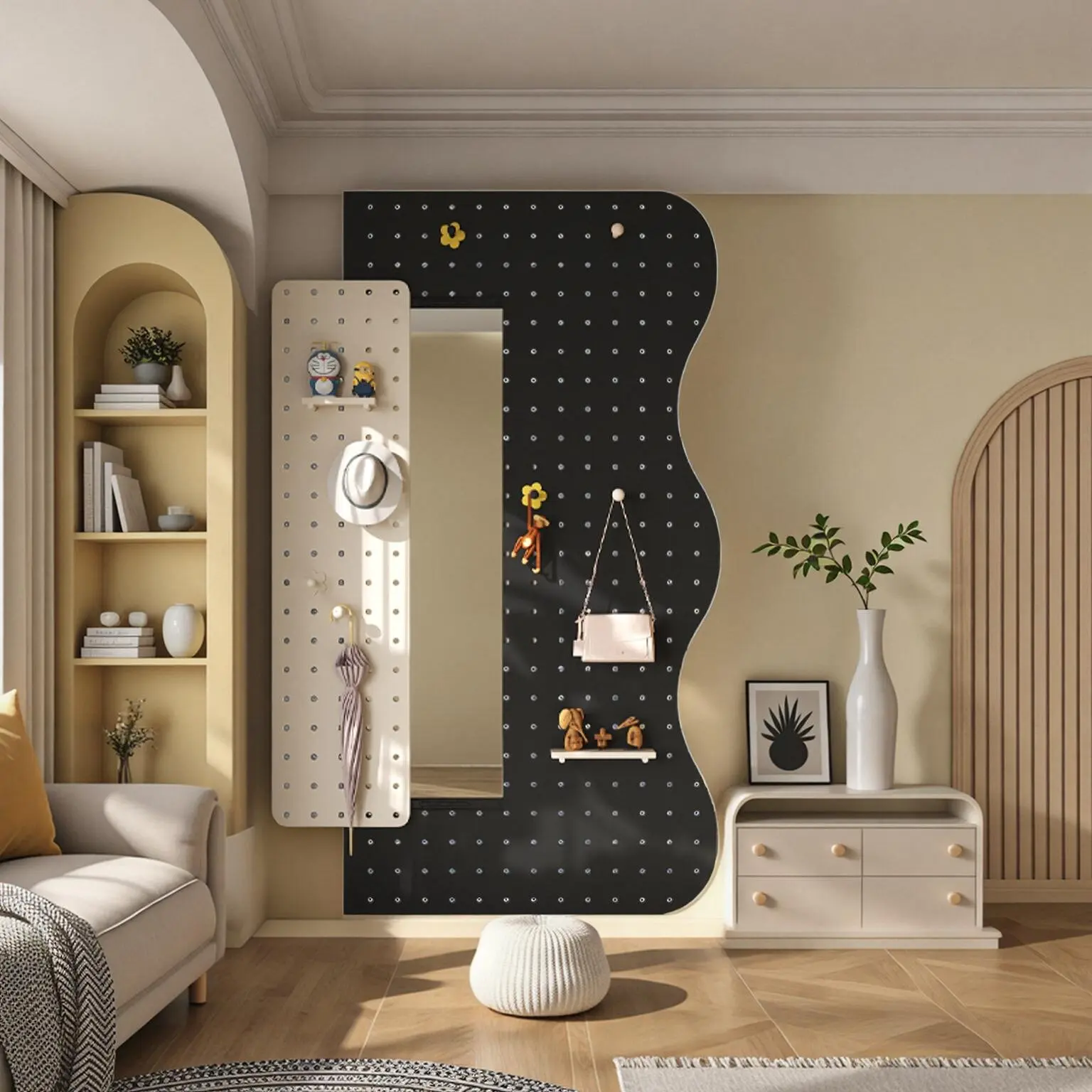 Perforated board, entrance storage rack, wall hanging hanger, dressing mirror, integrated storage display frame, decorative rack