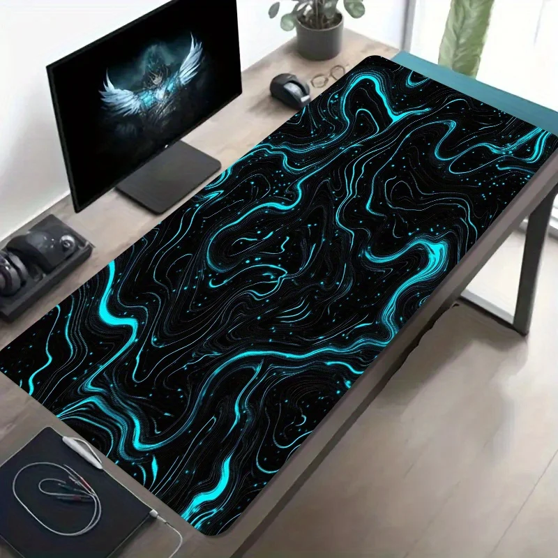 1 Large-sized E-sports Gaming Mouse Pad with a Blue and Black Fluid Line Starry Sky Pattern, Washable Bottom