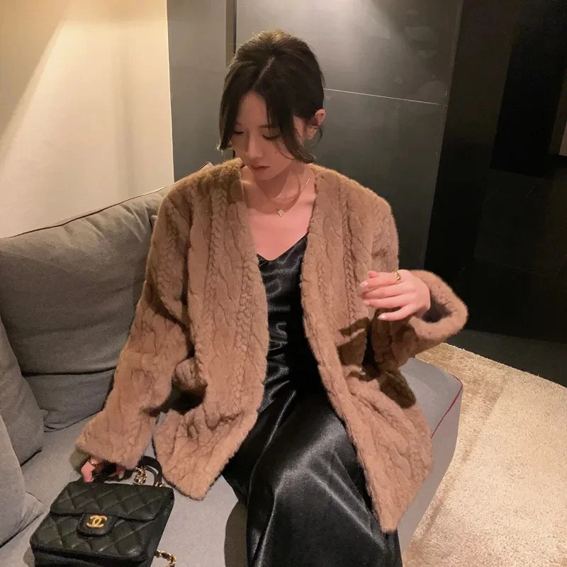 Brown Mink Fur Coat For Women With V-neck WoolCoat Lmitation Fur Jacket For Female Versatile Fashionable Stylish Button Fur Coat