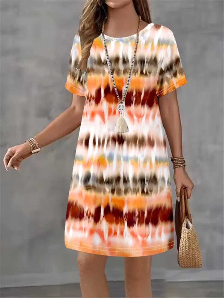 

Женское летнее полосатое платье с градиентным принтом и коротким рукавом с круглым вырезом, модный дизайн, элегантное темпераментное женское мини-повседневное платье