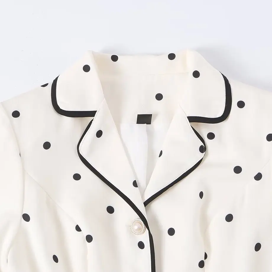 KASLEAD New Women's Fashion High-End Polka Dot Print Windbreaker Unique Design Long Sleeve Midi Coat Polyester Fiber 100%