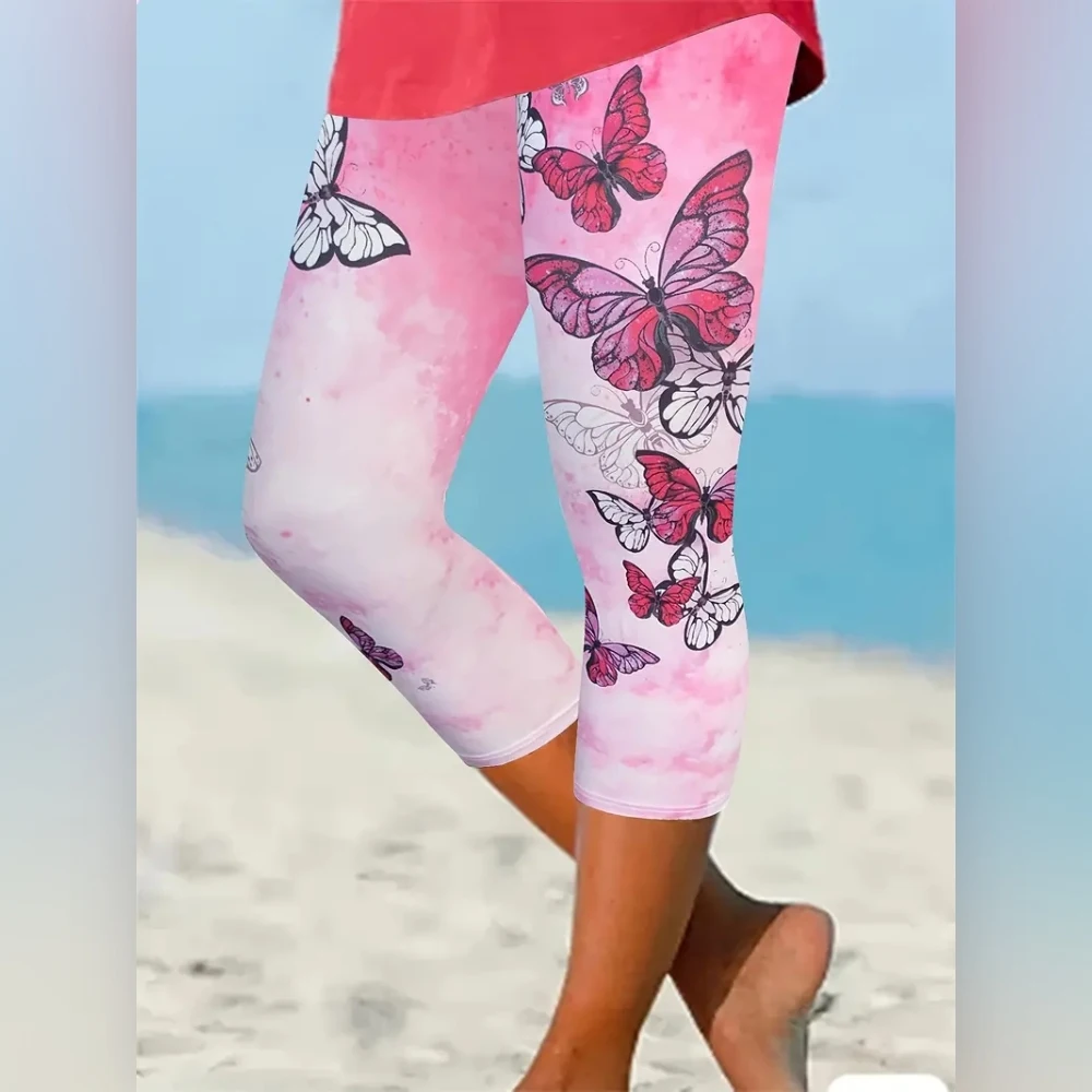 Butterfly print stretch elastic waist slim casual leggings women\'s capri pants