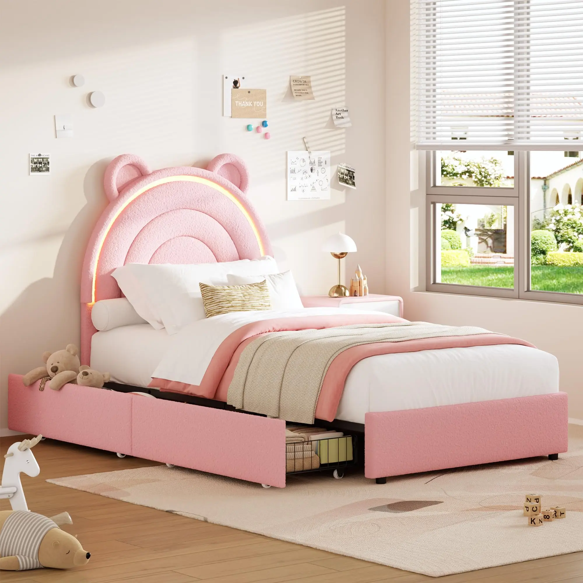 Kids Twin Velvet Upholstered Platform Bed Frame W/ Rainbow Headboard, RGB LED Lights, 2 Storage Drawers, Solid Wood Slat Support, No Box Spring Needed - Blue/Grey/Pink