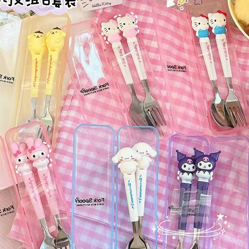 Sanrio-cucharilla de acero inoxidable con diseño de Hello Kitty para niños, cucharilla y tenedor con diseño de Kuromi pompurin My Melody,