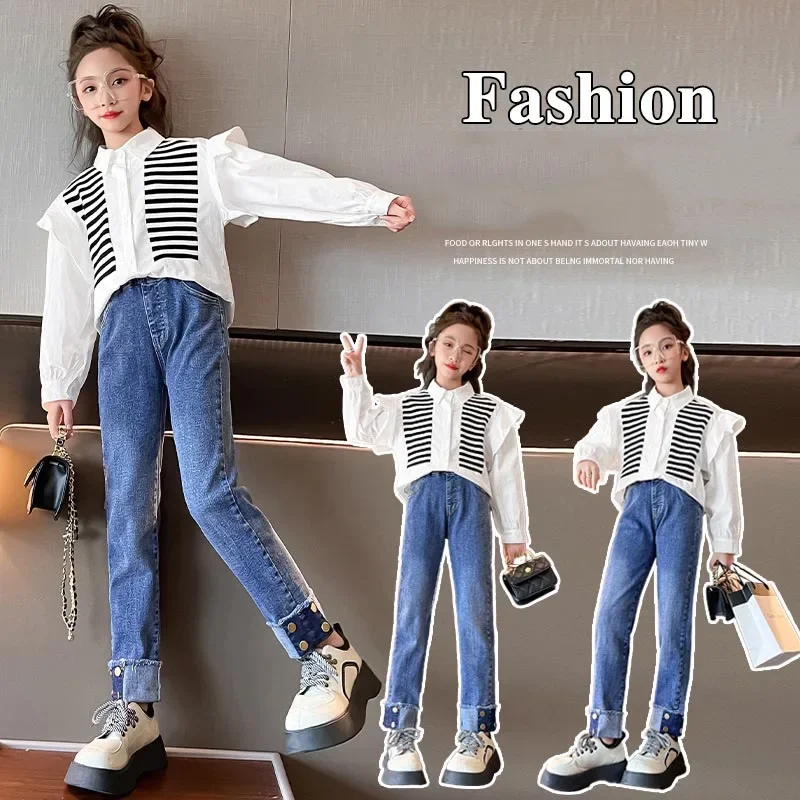 

Korean Spring Autumn Children Girl 2PCS Clothes Set Junior Girl Lace Striped Shirt+Straight Pants Jeans Set For Girls 4-15Yrs