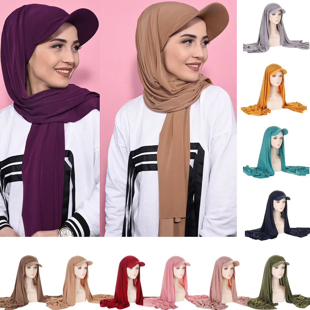 

New Fashion Women Hijab Baseball Caps with Instant Jersey Scarf Ready To Wear Hijab Headwrap Islamic Veil Headscarf Shawl Wrap