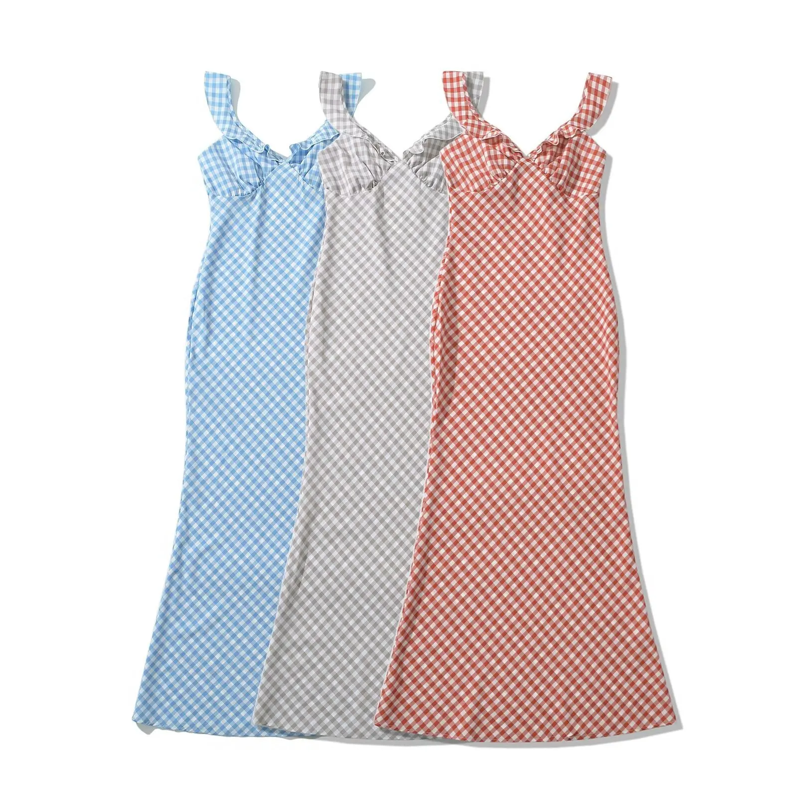 Europe and The United States in The Summer of 2024, The New Three-color Plaid Bias Cut Suspender Dress with Ruffled Halter Skirt