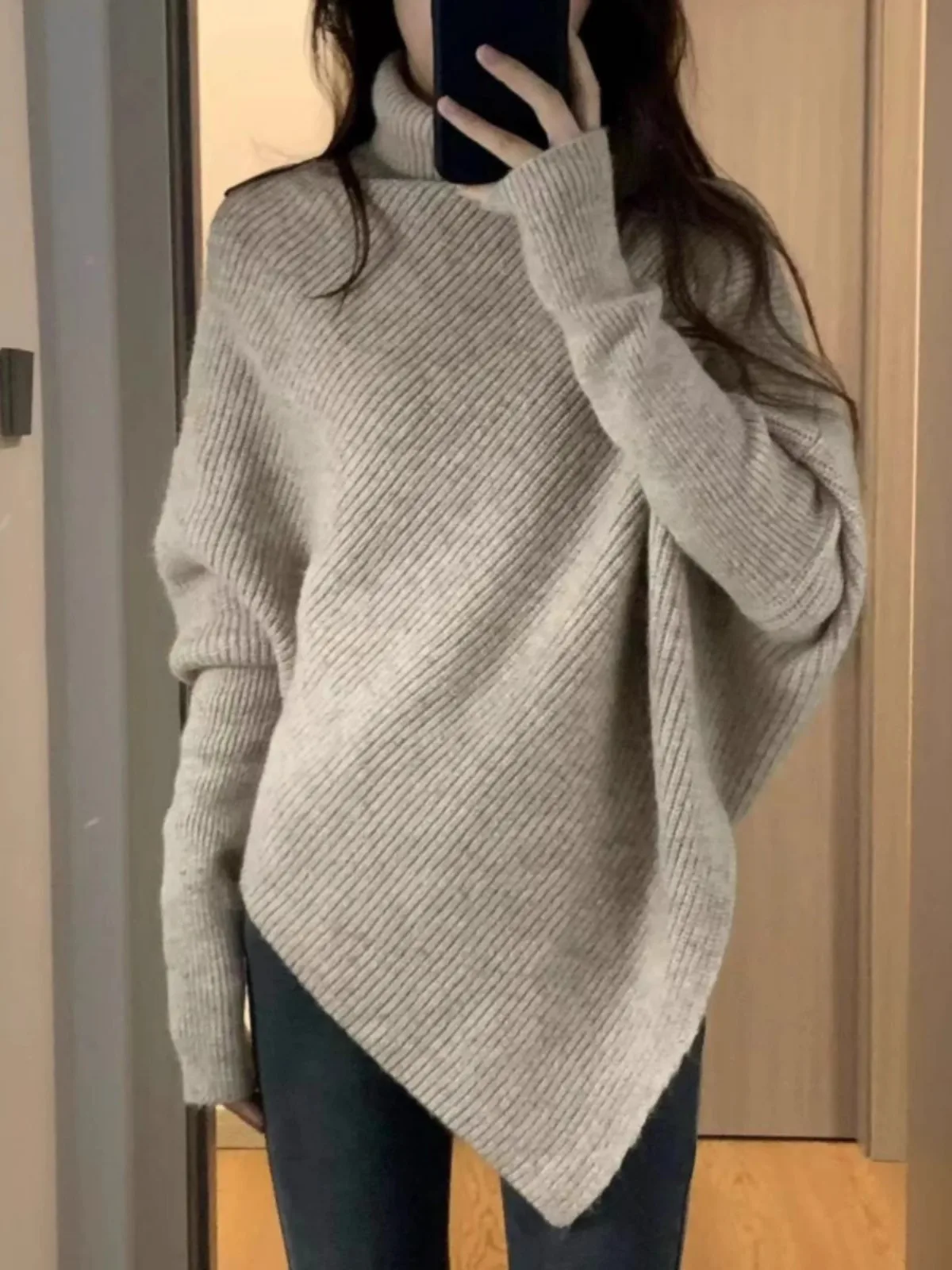 A sense of design! Turtleneck pure cashmere sweater women's irregular slouchy loose sweater with thick wool knit top